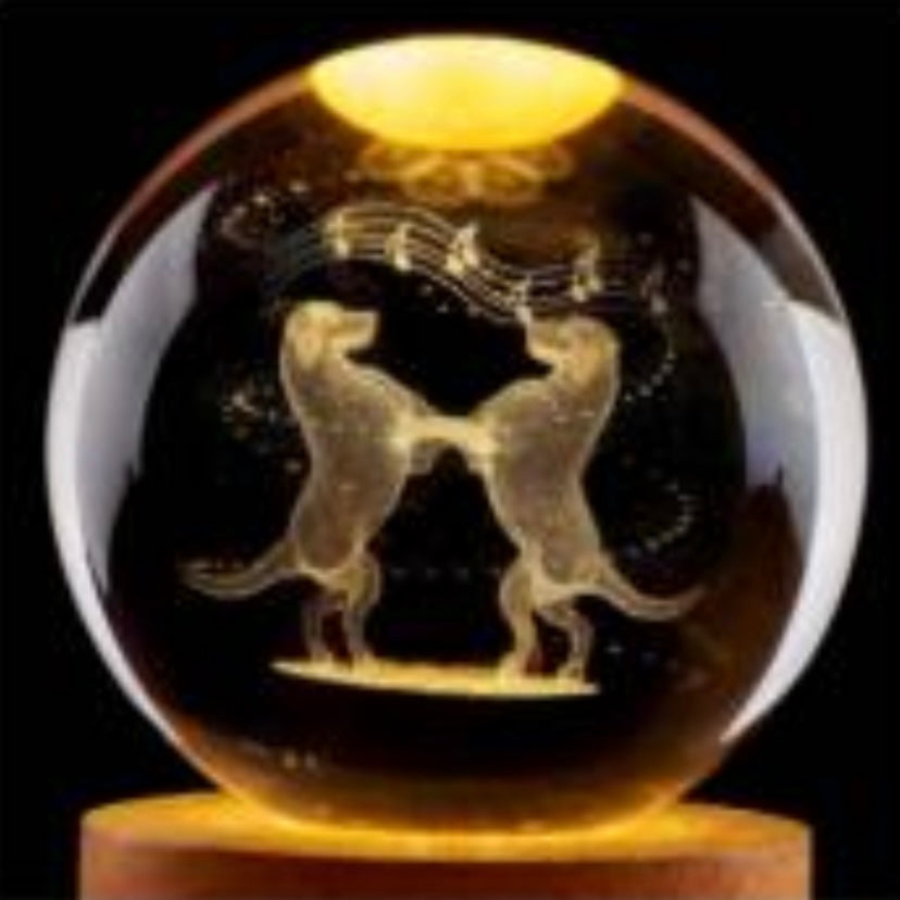 Dogs dancing -3D Artificial Crystal Ball Night Light Wooden Base for Bedroom Decor Cat