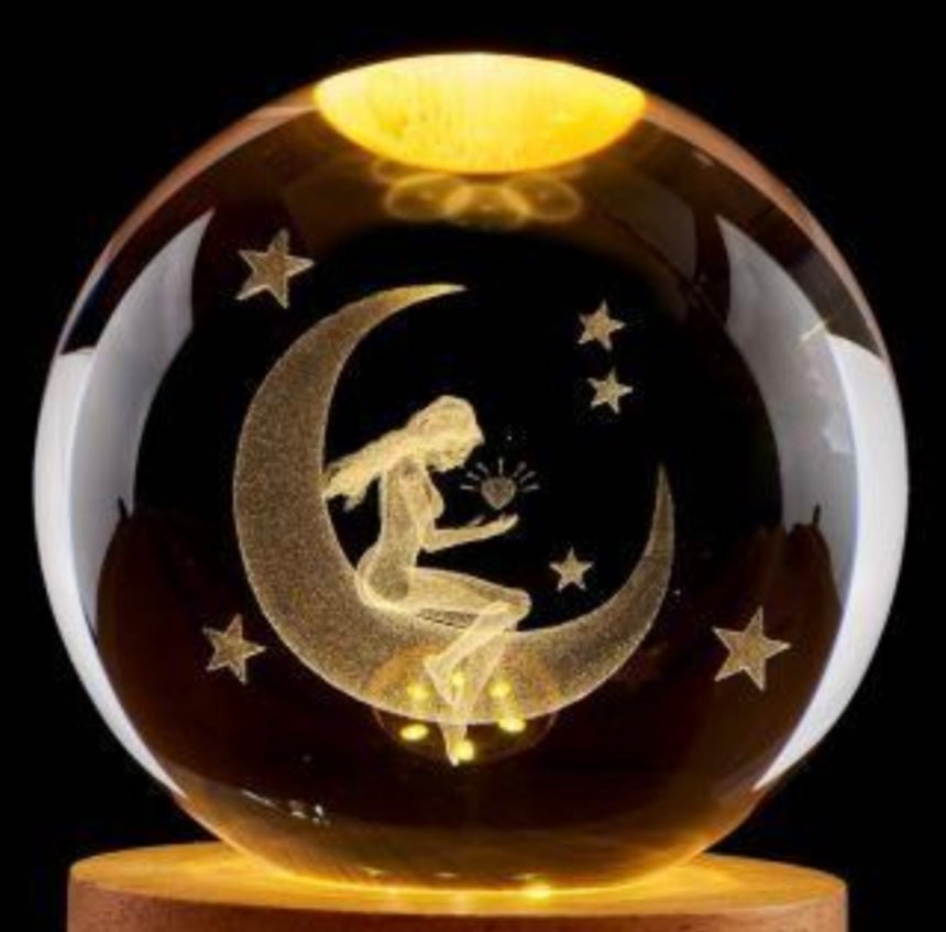 Moon Fairy - 3D Crystal Ball Lamp With Wooden Base, Laser Engraved Figurine Home Decor, Night Light Gift for Women, Glass Sphere Paperweight
