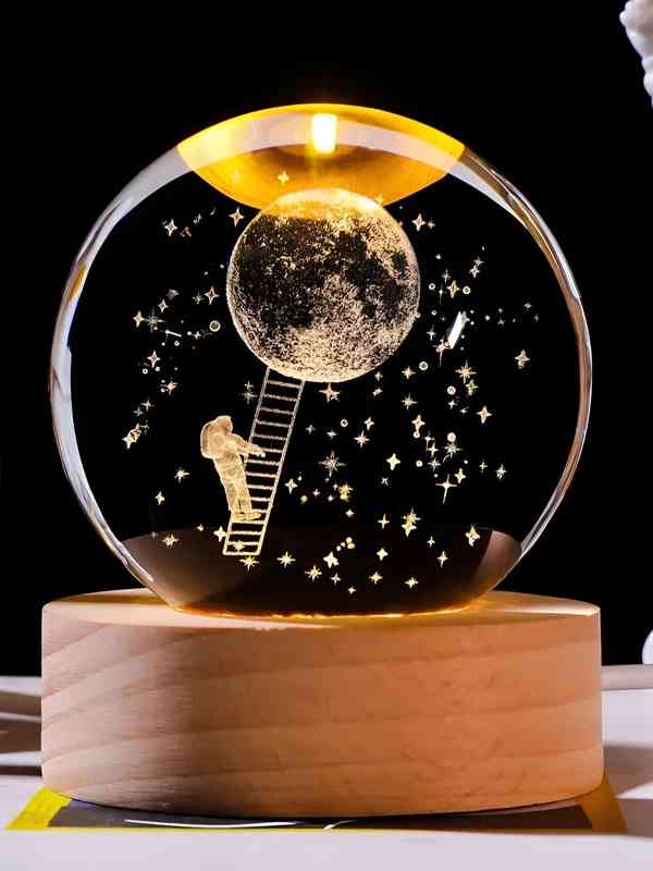 Astronaut & Moon 3D Engraved Crystal Lamp - LED Bedside Light for Bedroom and Nursery Decor