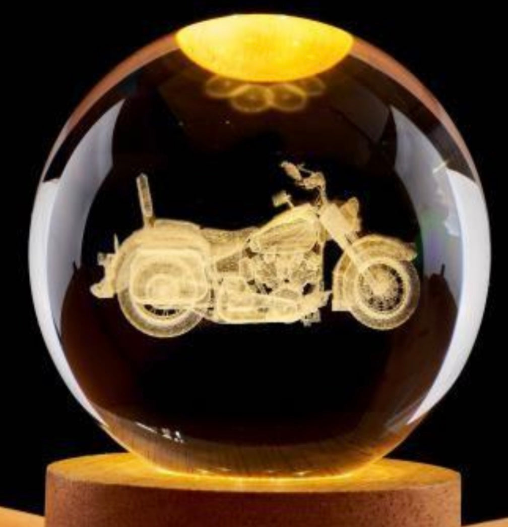 Motorcycle 3D illusion night light, featuring a laser-engraved image of a Harley-Davidson style motorcycle inside a crystal ball on a wooden base