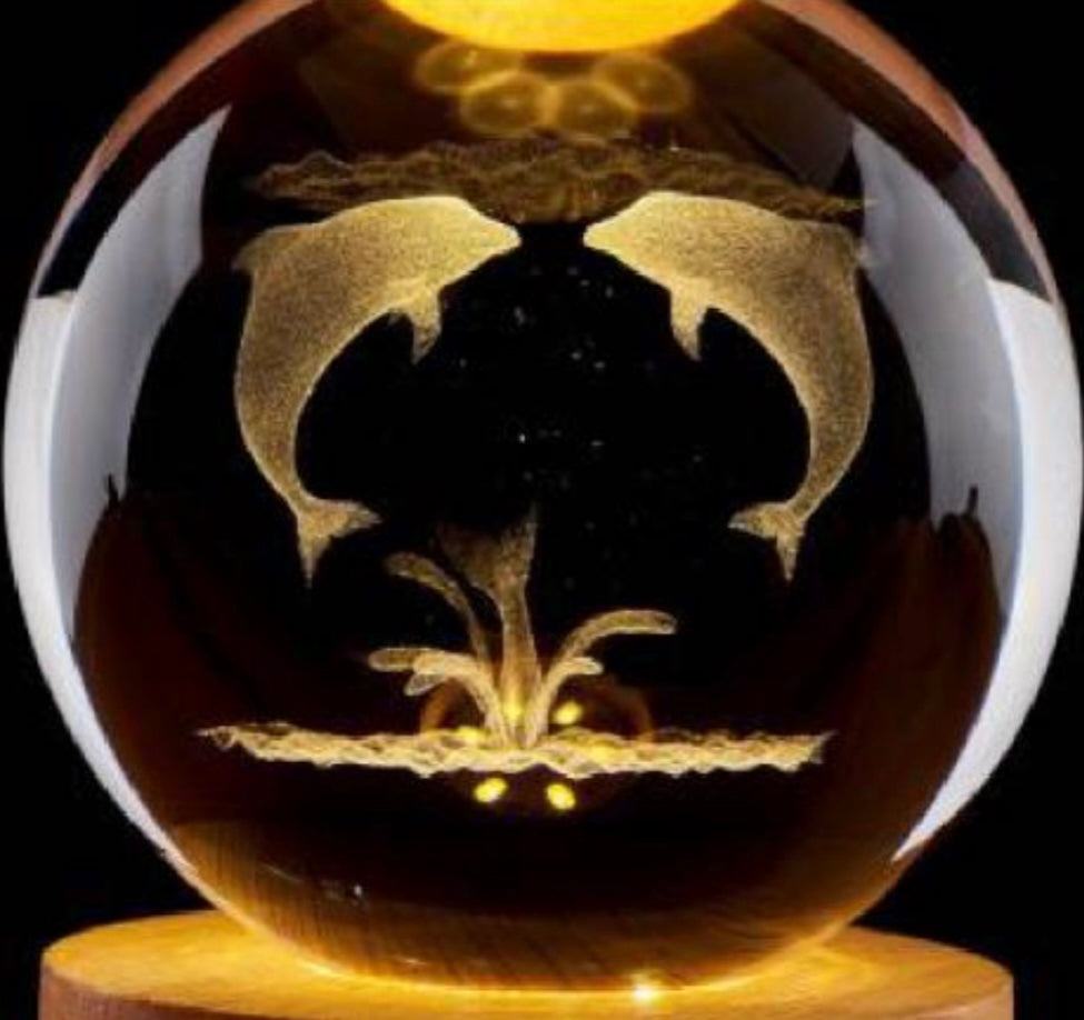 Dolphin-3D laser-engraved crystal ball with a wooden LED stand