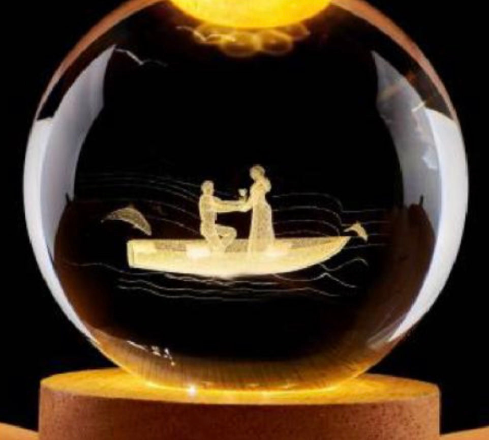Love You - 3D Crystal Lamp for Couples Engraved Crystal Ball LED Night Light with Wooden Base - USB Powered Glass Ball Led Night Light Table Lamp for Loved Ones to Gifting,Warm White