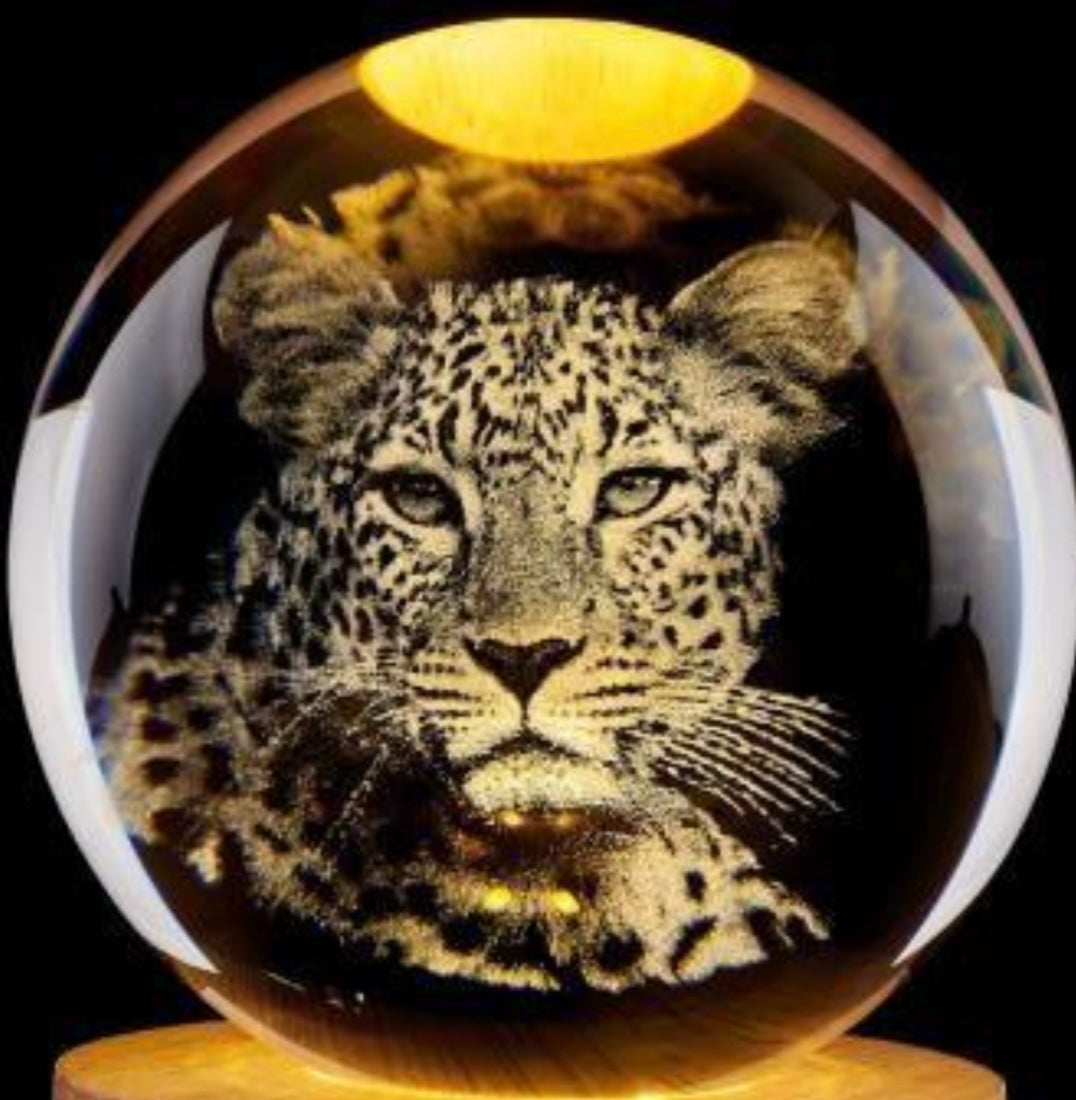 Leopard - 3D crystal or glass ball featuring a laser-engraved