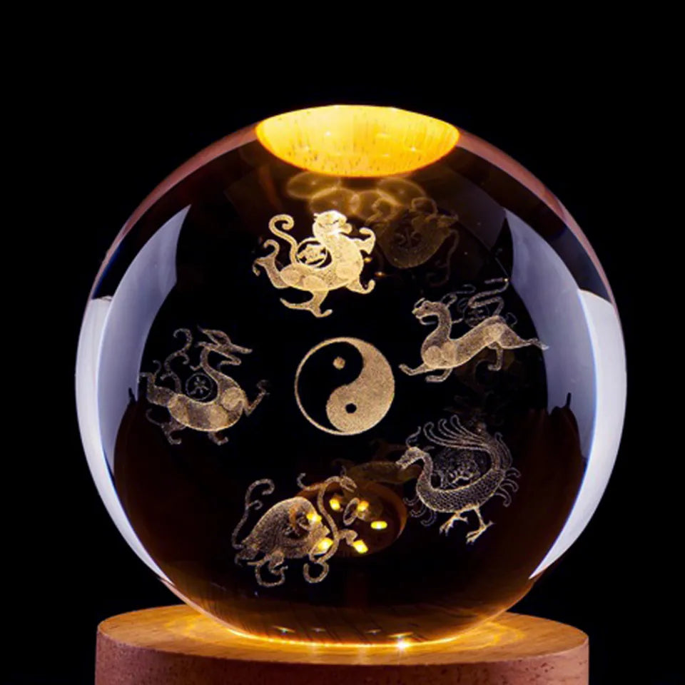 Chinese Zodiac 3D laser-engraved crystal ball with a wooden light base