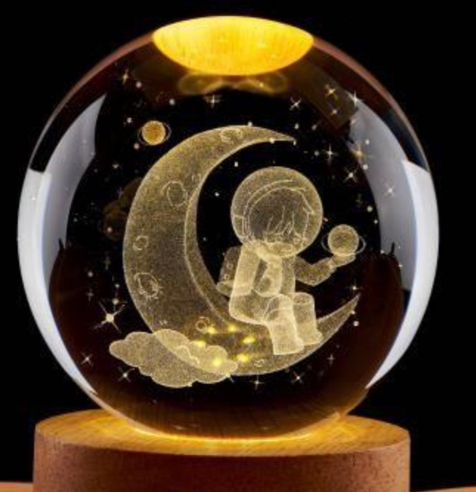 Moon Astronaut -3D Crystal Ball Night Light - Glass Ball LED Lamp with Wooden Stand, Perfect Decoration and Gift for Men, Women, Boys, Girls, Kids, and Teens