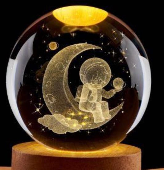 Moon Astronaut -3D Crystal Ball Night Light - Glass Ball LED Lamp with Wooden Stand, Perfect Decoration and Gift for Men, Women, Boys, Girls, Kids, and Teens