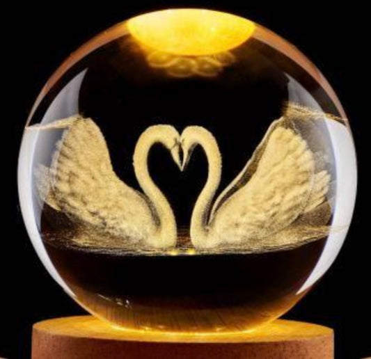 Goose love-3D Crystal Ball Figurines with Wooden Base, 3D Laser Engraved Swan Figurines Glass Sphere Paperweight Ornaments for Home Decor, 3D Swan Crystal Ball Light Collection Gifts