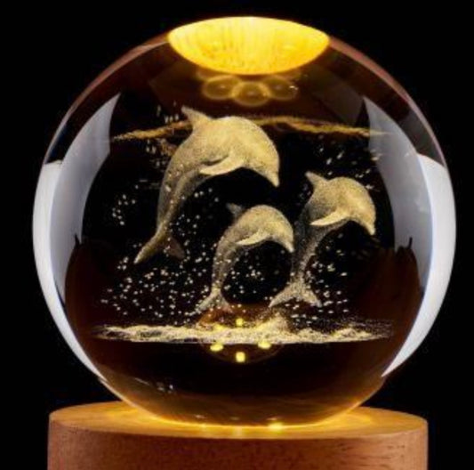 Dolphin crystal - 3D laser-engraved ball with an LED wooden stand