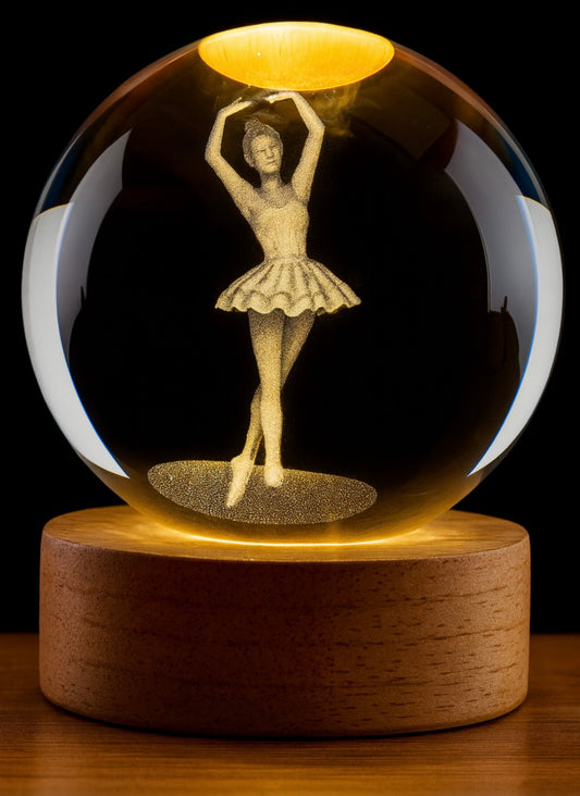 Ballet Dancer Girl 3D Figurine Crystal Ball with Wooden Light Base