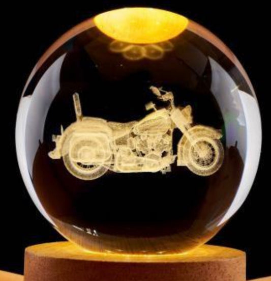 Motorcycle 3D illusion night light, featuring a laser-engraved image of a Harley-Davidson style motorcycle inside a crystal ball on a wooden base