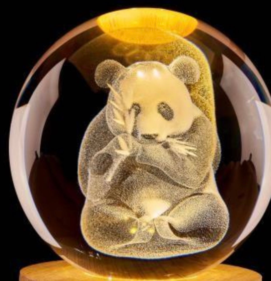 Crystal Panda 3D Crystal Ball Lamp with Wooden Base, Figurines Gifts for Girls and Boys, Laser Engraved Panda Glass Ball Night Light and Keepsake Paperweight