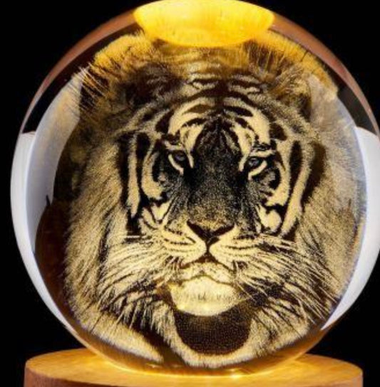 Tiger -Crystal Ball Engraved 3D Collectible Sphere with LED Lamp Stand, Glass Tiger Ornament Gifts for Women Men Animal Home Office Paperweight Centrepiece
