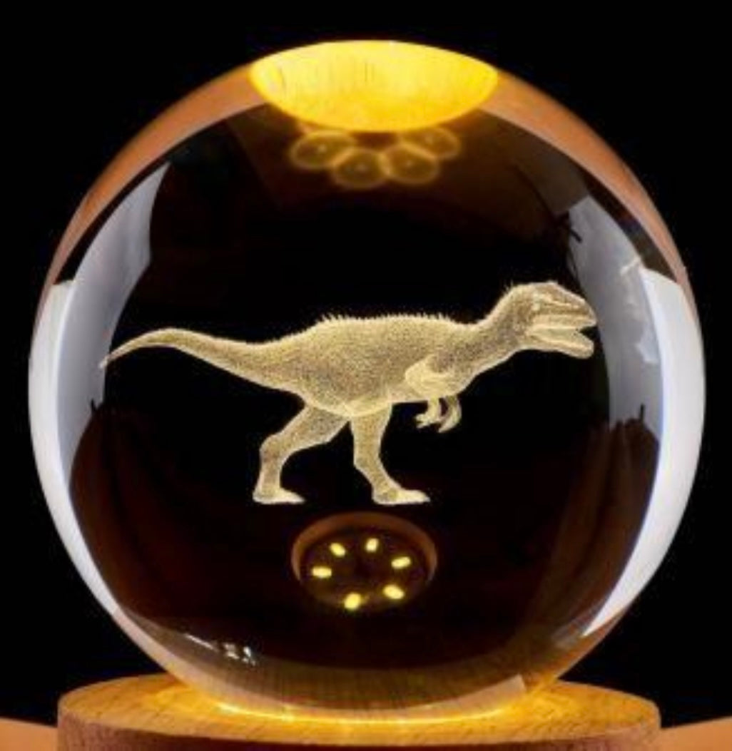 3D laser-engraved dinosaur crystal ball night light on a wooden base