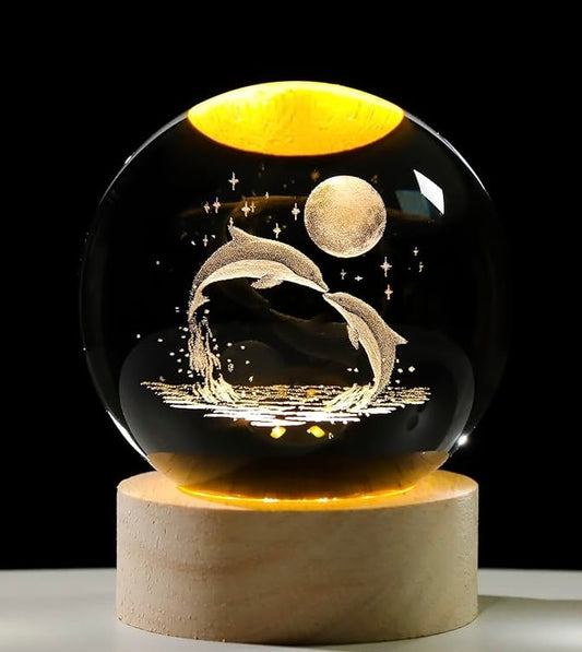 Dolphin - 3D Crystal Ball Night Light, Glass Dolphin Lamp with Wooden Base, Laser Engraved Glass Sphere Home Decor