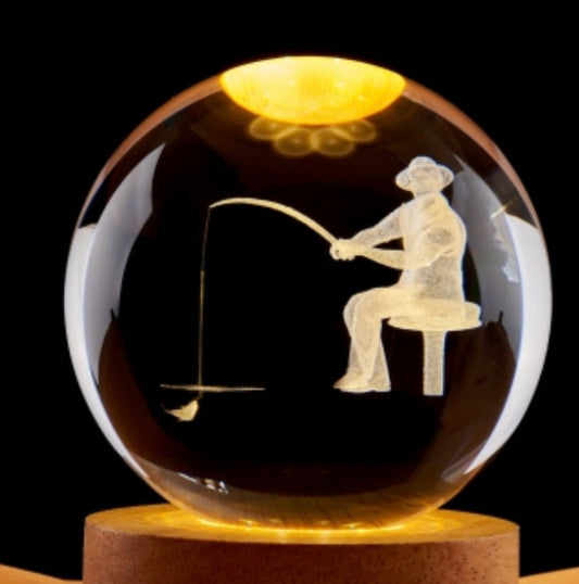 Person fishing 3D engraving of a person fishing crystal ball night light featuring